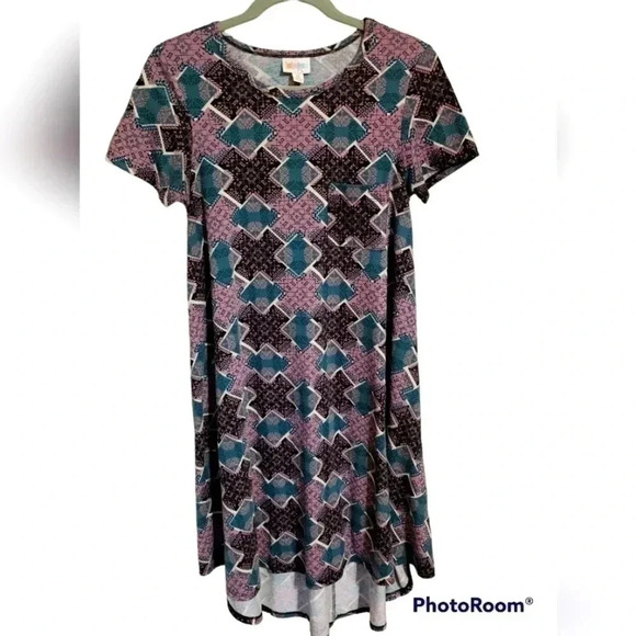 LulaRoe Carly Hi-Low Dress - Size XS - Violet/Green/Black‎ Pattern - Picture 1 of 3